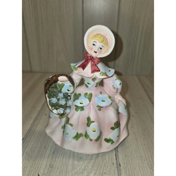 Vtg 1959 Relpo Flower Girl Basket Planter Samson Import Pink Dress Blue Flowers - Picture 1 of 6